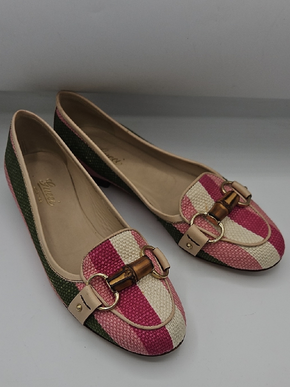 Gucci Pink, Cream & Green Striped Canvas Horsebit Flats Used In Good Condition